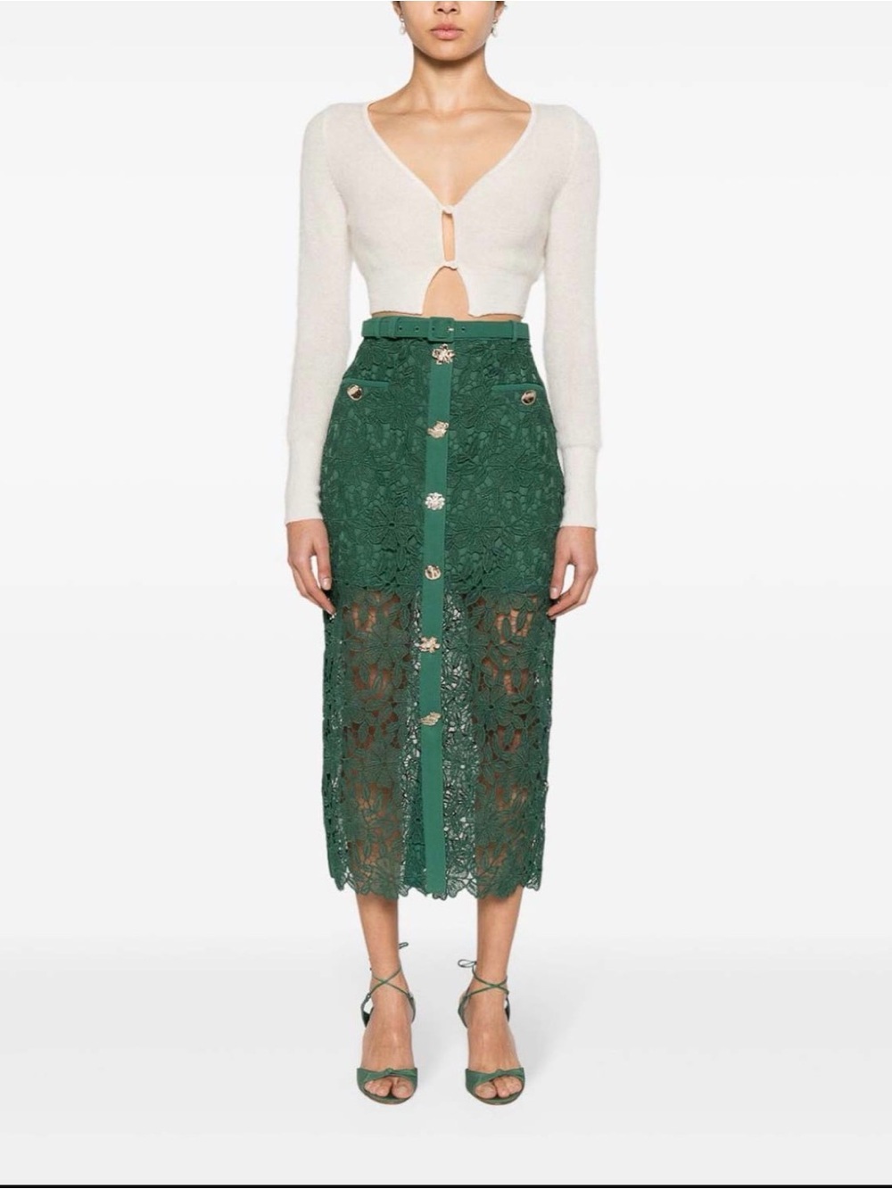 NWT Self-Portrait Green Guipure Lace Midi Skirt Belted Floral Size US 8